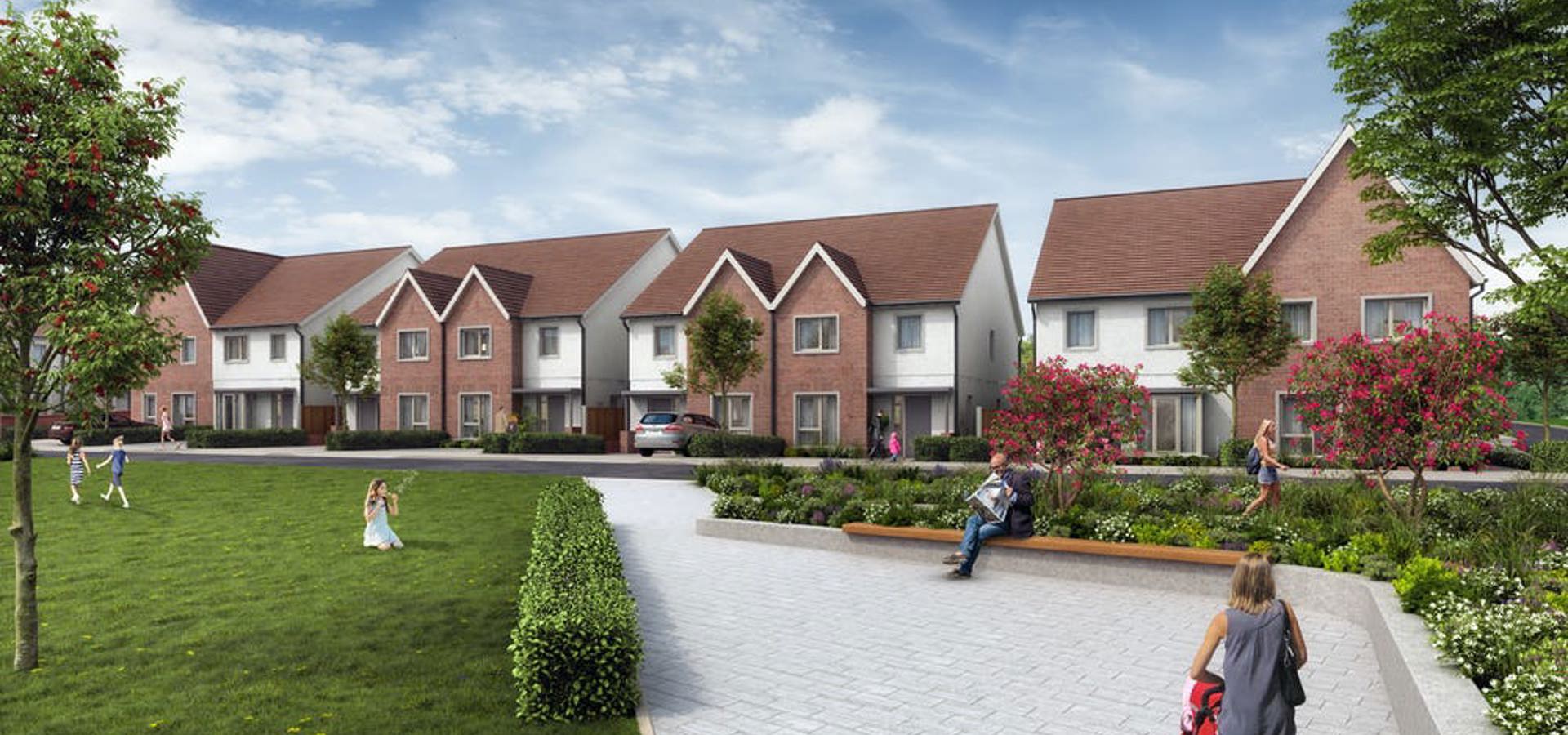 Computer-generated view of people walking a footpath past a row of new houses at Farrankelly
