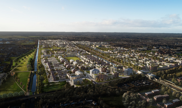 Aerial view over Clonburris with a wide green park corridor running through the housing
