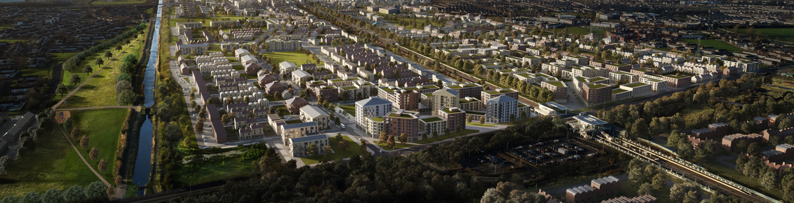 Aerial view over Clonburris with a wide green park corridor running through the housing