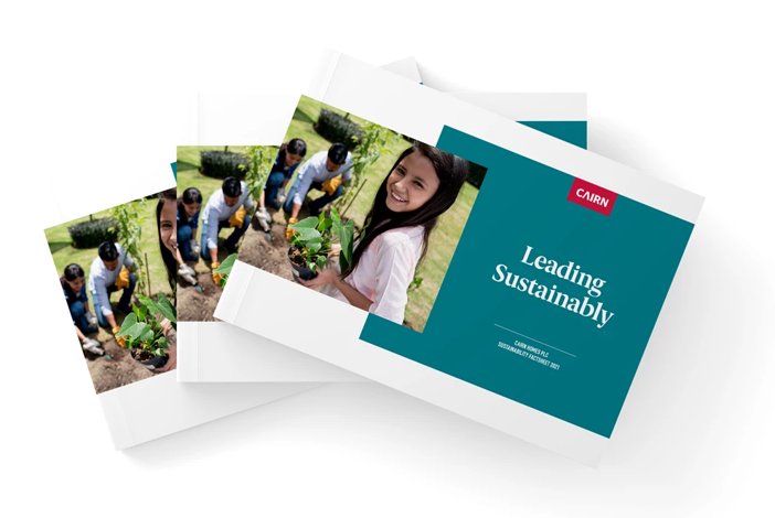 Cairn 'Leading Sustainably' sustainability report shown as printed covers and inside pages