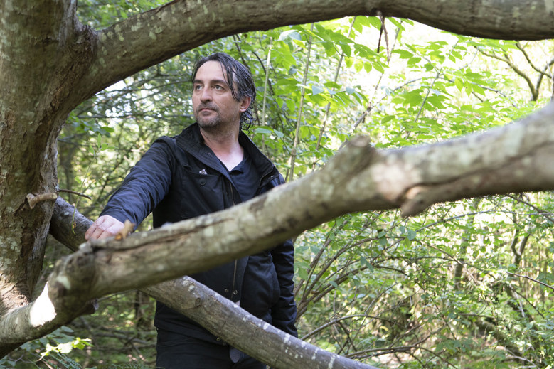 Man inspecting a tree branch in woodland at Archers Wood