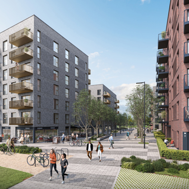Computer-generated view of apartment blocks and a landscaped street at Seven Mills, Clonburris