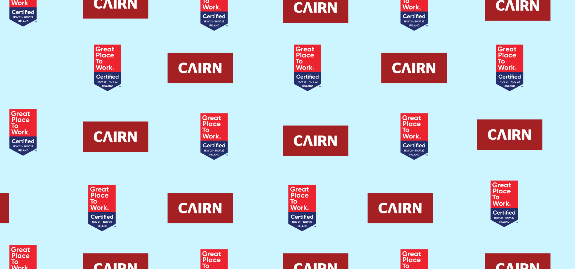 Repeating pattern of Cairn logos and Great Place to Work Certified badges