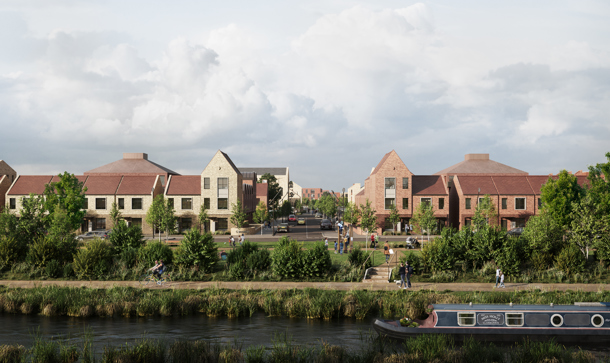 Computer-generated view of new homes and a green beside the canal at Clonburris, with a barge moored