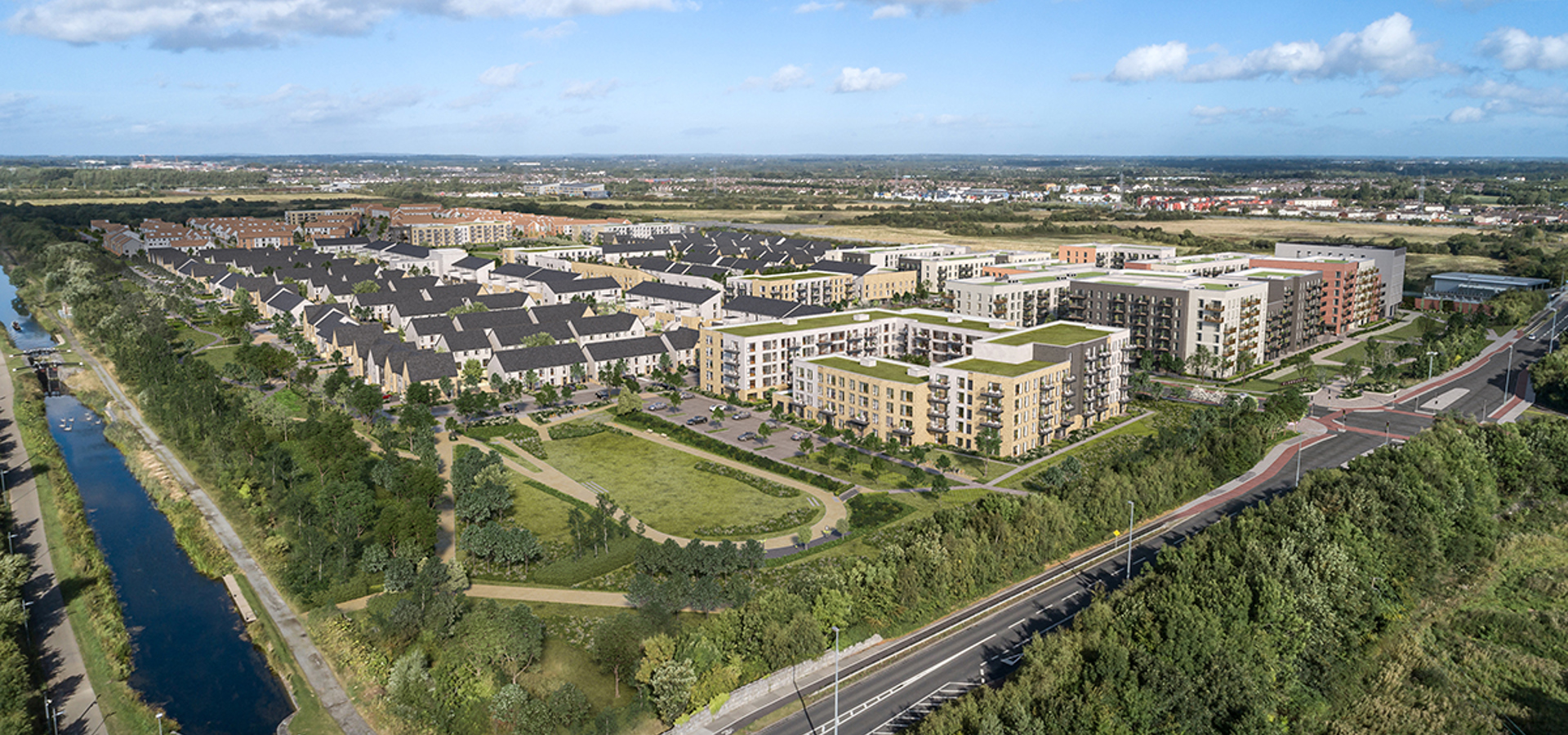 Computer-generated aerial view of proposed homes at Seven Mills, Clonburris