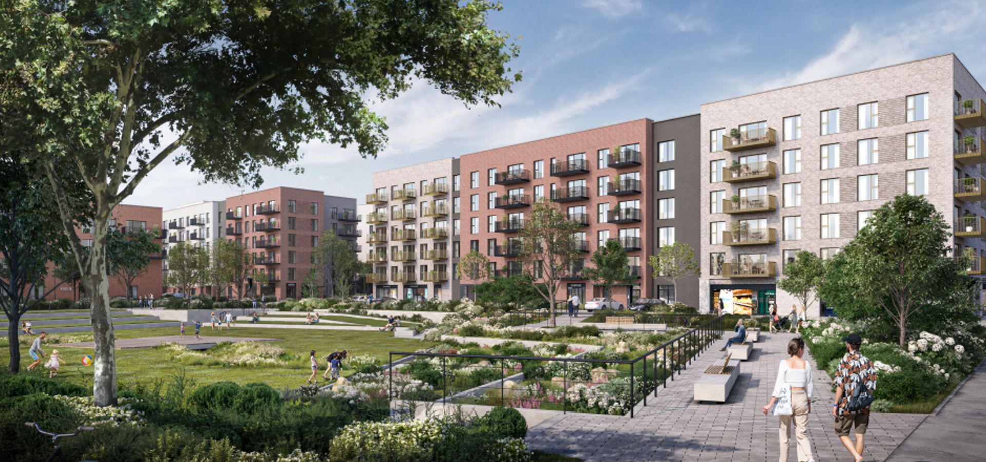 Computer-generated view of new apartment blocks beside a landscaped park at Seven Mills