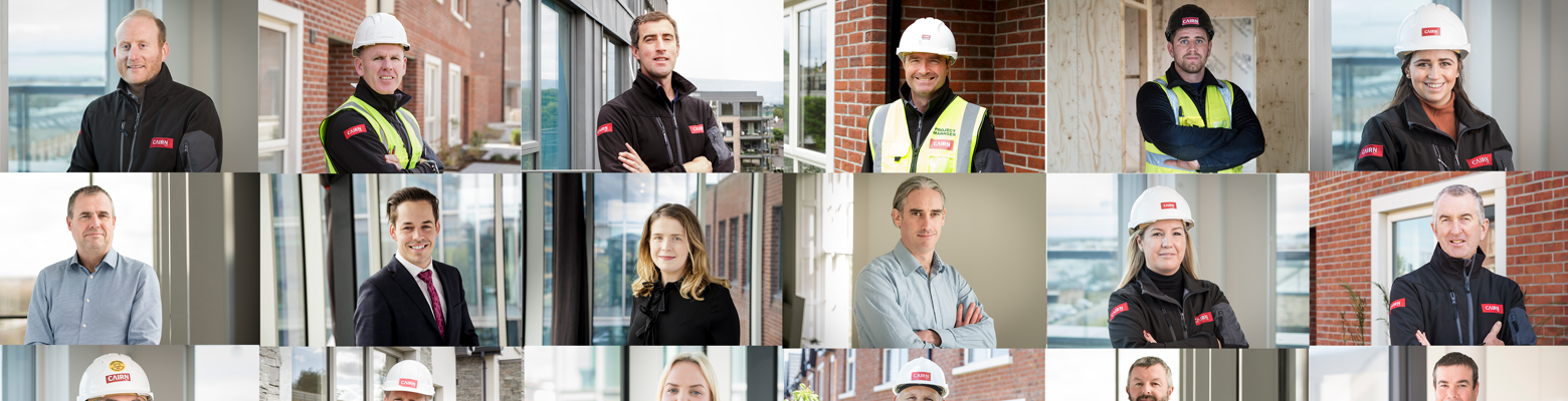 Grid of portraits of Cairn staff in hard hats, hi-vis and office wear