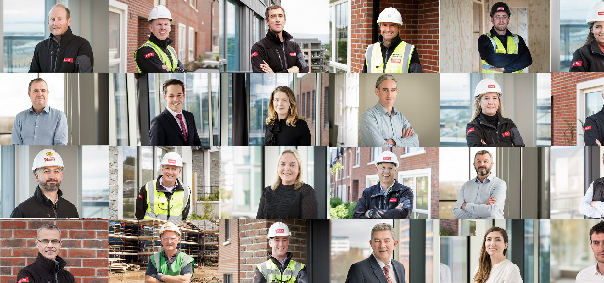 Grid of portraits of Cairn staff in hard hats, hi-vis and office wear