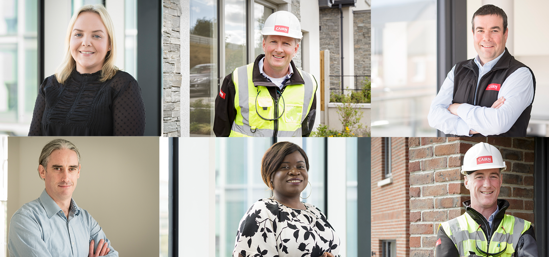 Banner of portrait tiles showing Cairn staff in office wear, hard hats and hi-vis